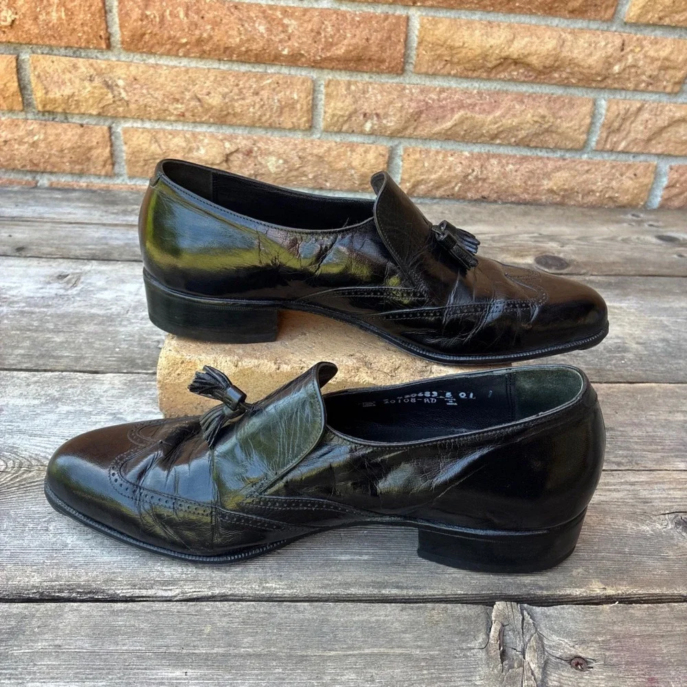 Vintage Florsheim Black Leather Kiltie Tassel Loafers Men's 7.5 E Wide 20108